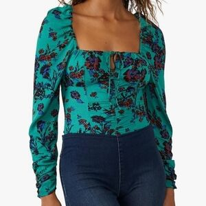 Free People Hilary Printed Green Combo Square Neck Shirred Puff Sleeves NWT Sz S